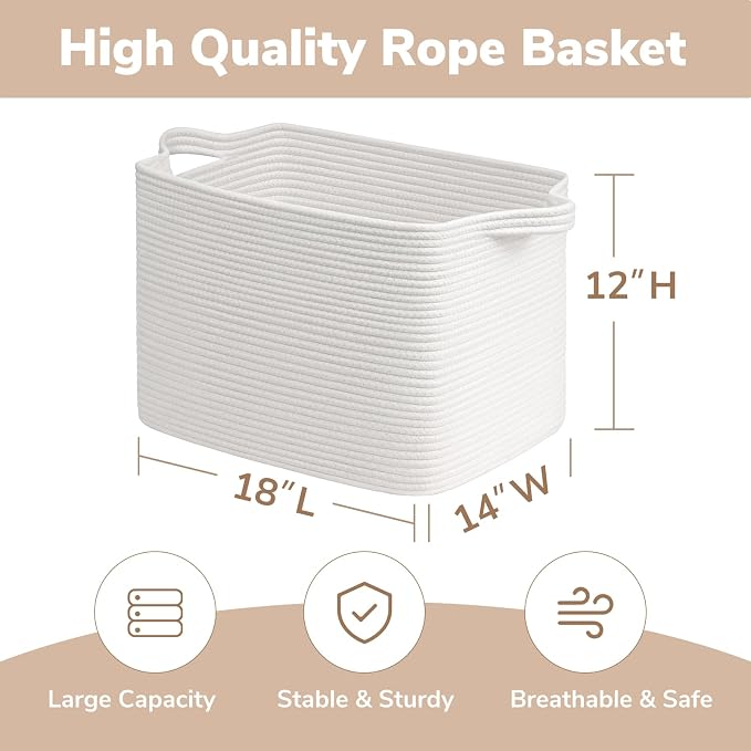 Goodpick Large Woven Basket 18" x 14" x 12" Cotton Rope Storage Baskets for Organizing, Rectangle Blanket Basket for Living Room Bedroom, Toy Baskets Storage Kids, White - Image 3