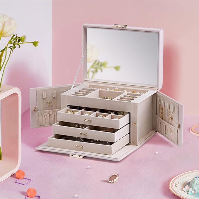 Vlando Lockable Jewelry Box Organizer with Key, 3-Tiered Storage Tray for Necklaces Earrings Rings Bracket Accessories Storage Display, Full HD-Mirror, Pink Beige - Image 7