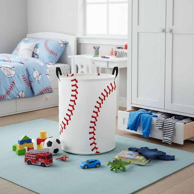Baby Laundry Basket Baby Nursery Hamper Kids Laundry Basket Toy Storage Bin for Boys Room Decor Gift Baskets for Bedroom Bathroom(Baseball) - Image 3