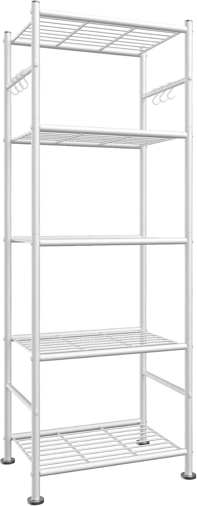 Sakugi Storage Shelves - 5-Tier Large Capacity Shelf Organizer with Hooks, Heavy-Duty Garage Shelving with Leveling Feet, Wobble-Free Rack for Bedroom, Balcony, Garage, 18.1"×12.4"×56.8", White by Sakugi