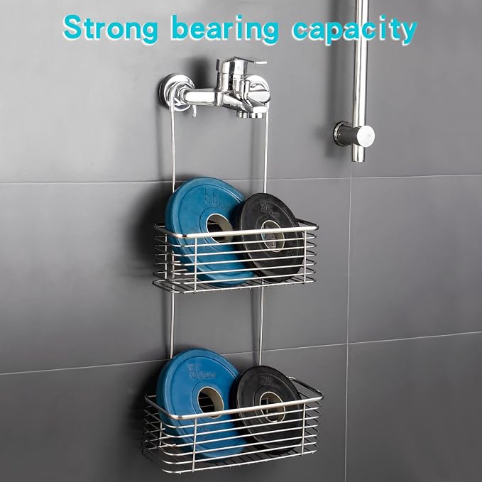 YQh Stainless steel double-layer shower rack, shower room hanging bathroom organizer, storage rack installed on the hanging bar or door, can store shampoo, hair conditioner, shower gel (double) - Image 3