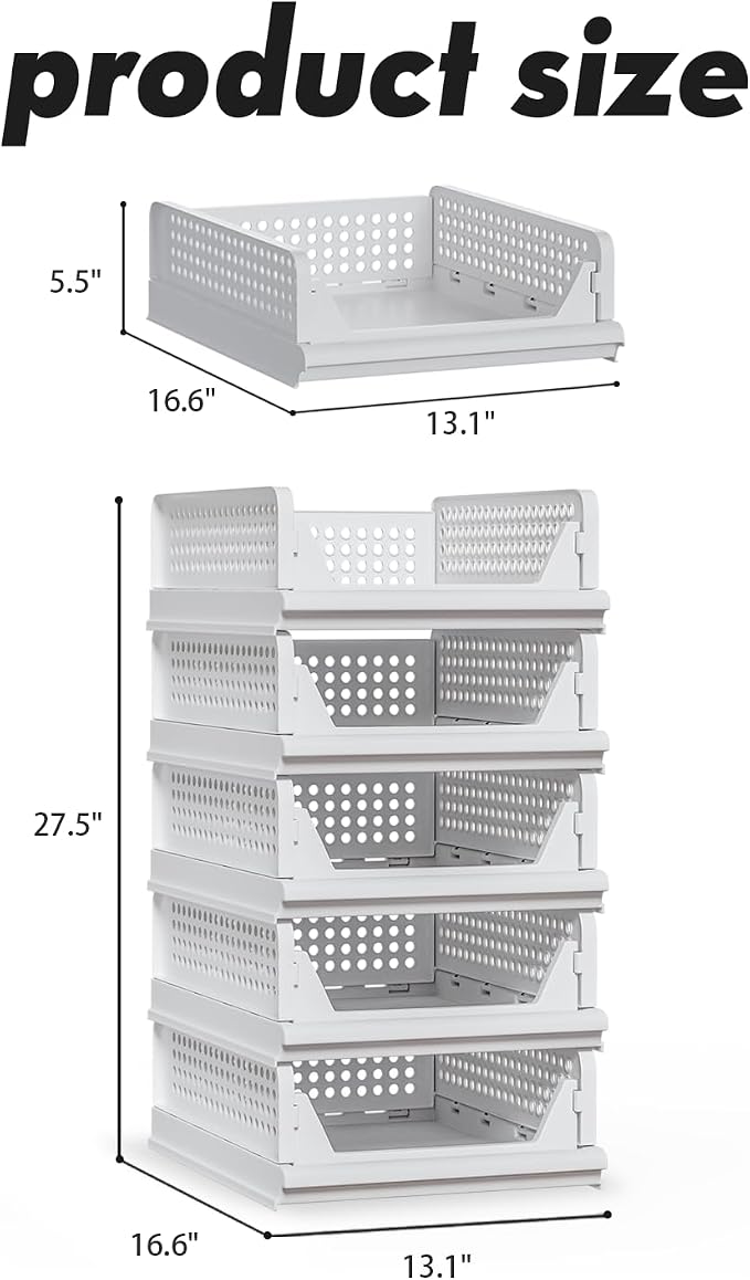 Proarea 5 Pack Stackable Storage Bins, Closet Organizers and Storage, Foldable Closet Organizer Baskets for Clothes, Plastic Drawer Bins for Closet Organization, Wardrobe Shelf, Laundry Room, White - Image 2