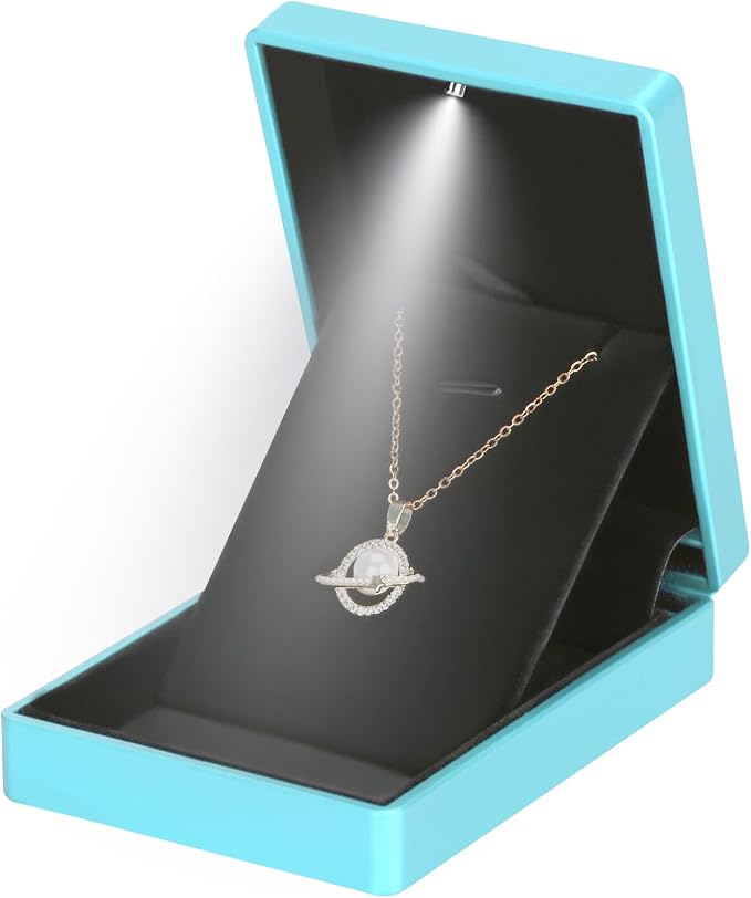 LED Light Pendant Necklace Gift Box, Velvet Jewelry Storage Display Case for Proposal Engagement Wedding Anniversary Birthday Valentine's Day (Blue Style 2) - Image 2