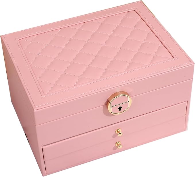 GUOER Jewelry Box for Women Girl Wife 3 Layers Large PU Leather Jewelry Organizer Storage Case with Two Layers Display for Earrings Bracelets Rings Watches PINK by GUOER
