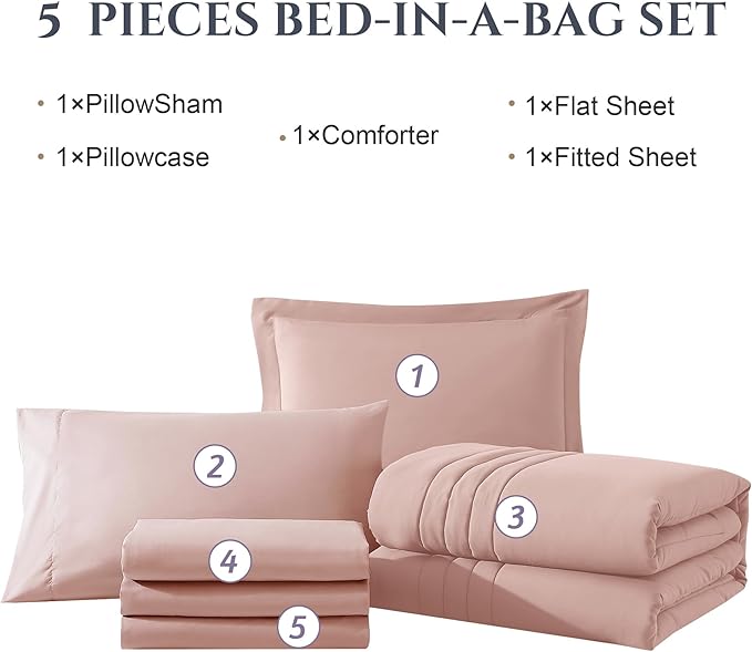 Monbix Twin XL Size Comforter Set - Extra Long 5 Pieces Dorm Bedding Sets, Quilting Design Fluffy Bed in a Bag Twin XL with Sheets, Pillowcase & Sham(Light Pink)