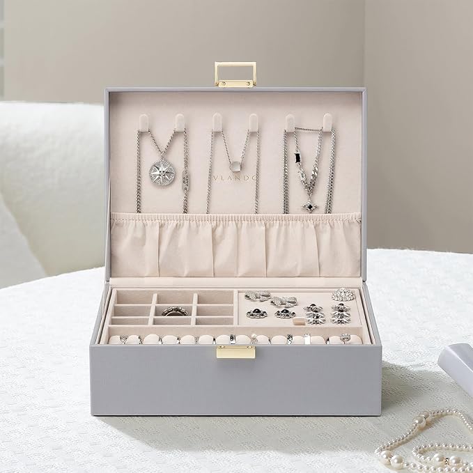 VLANDO 2 Layer Jewelry Box Large Jewelry Organizer for Women Removable Jewelery Tray for Necklace Earrings Rings Bracelets Jewelry Boxes Christmas Birthday Gifts for Women(Grey) - Image 2
