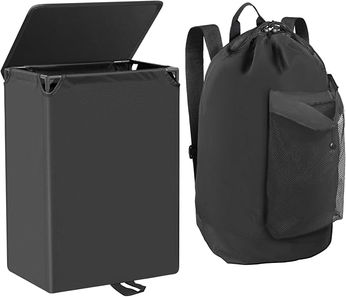 Foluck 60L 2-in-1 Laundry Hamper with Laundry Backpack, Waterproof Basket with Lid, Laundry Bag with Shoulder Straps and Mesh Pocket, Hamper for College Dorm, Travel, Apartment, Laundromat by Foluck
