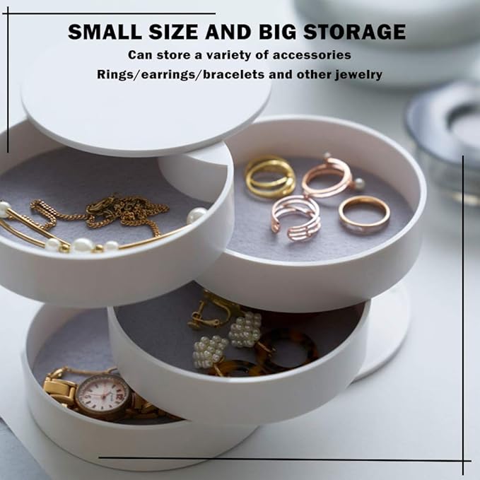 TIMESETL Jewelry Organizer, Small Jewelry Storage Box Earring Holder for Women, 4-Layer Rotating Travel Jewelry Tray Case with Lid for Bracelets Rings Bracelets - White - Image 3