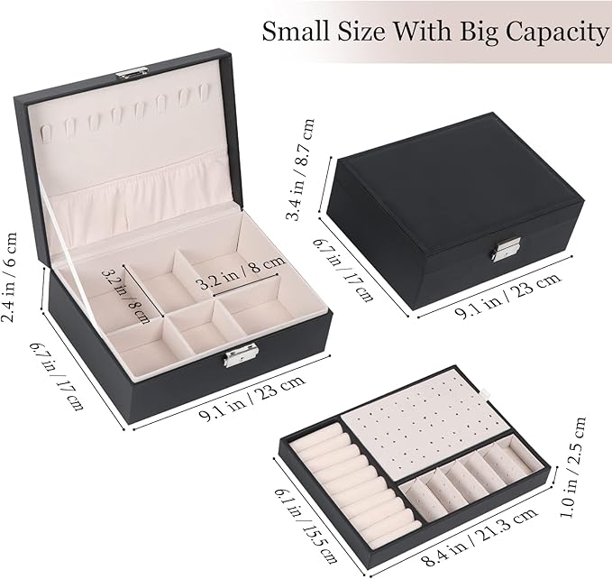 Jewelry Box for Women Girls, 2 Layers Jewelry Organizer Container with Lock, PU Leather Storage Case with Removable Tray, Jewelry Display Box for Necklaces Earrings Bracelets Rings Watches - Black - Image 2