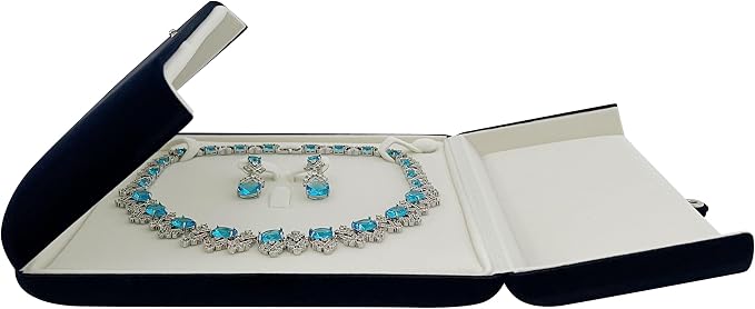 Navy Blue Velvet Jewelry Box for Large Necklace and Earrings Set Luxury Presentation Case for Pearl Strand Necklaces, Statement Jewelry, Button Clip Closure, Arc, Cream Velvet Interior, Gift Box by SVEADISPLAY