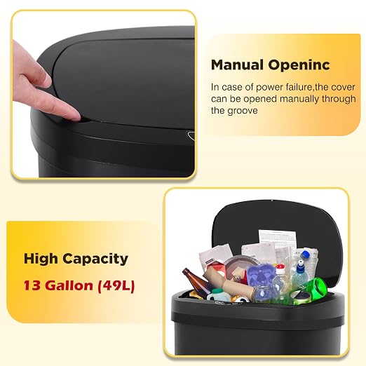 BestOffice | 13 Gallon Plastic Trash Can with Lid | Dark Black | Automatic Touchless Garbage Can | Odor Control | Modern Oval Design | Easy to Clean | Fits Any Kitchen, Bathroom, Office or Home - Image 4