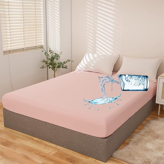 Holawakaka Full Waterproof Mattress Encasement Protector Pink Fitted Sheet Breathable Bed Mattress Pad Cover, 14" Deep Pocket (Blush,Full)
