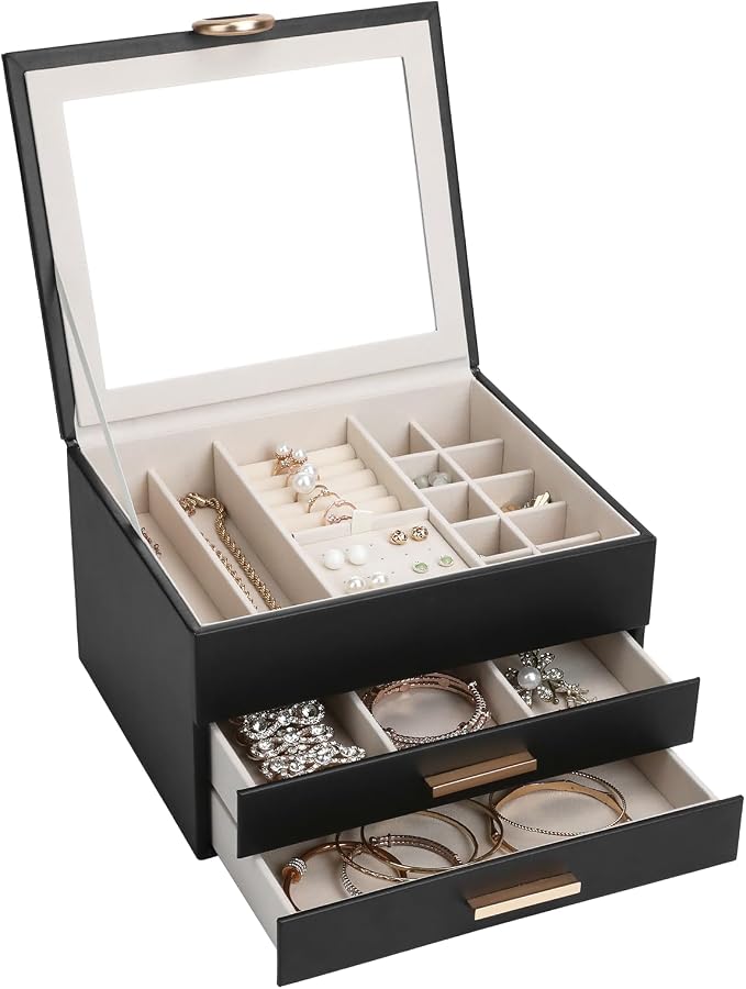 Women's Luxury Jewelry Armoire with Mirror - Compact 2-Drawer Chest with Ring Rolls & Necklace Hooks, Ideal Gift for Women Black - Image 2