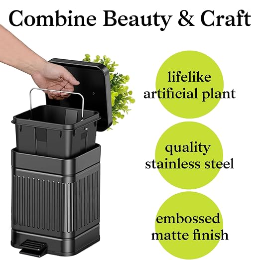 Tegneo Small Trash Can with Lid, Plant-Styled Outdoor Dog Poop Trash Can Outside, Farmhouse Retro Metal Garbage Can for Bathroom Office, Dog Waste Container with Pedal, Soft Close, 5L/1.3 Gal, Black - Image 6