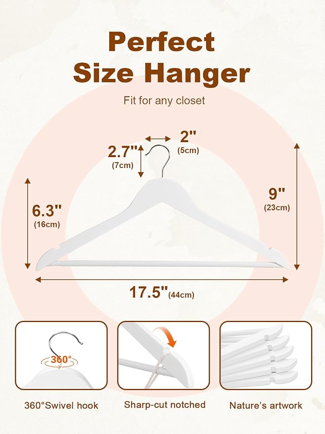 HOUSE DAY White Wooden Hangers 10 Pack, Solid Wood Hanger with Non Slip Pant Bar, Heavy Duty Wooden Coat Hanger for Closet, Smooth Finish Wood Clothes Hangers for Shirts, Suits Jackets, Dress - Image 8
