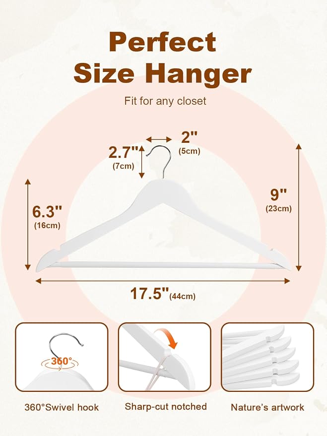 HOUSE DAY White Wooden Hangers 30 Pack, Solid Wood Hanger with Non Slip Pant Bar, Heavy Duty Wooden Coat Hanger for Closet, Smooth Finish Wood Clothes Hangers for Shirts, Suits Jackets, Dress - Image 8