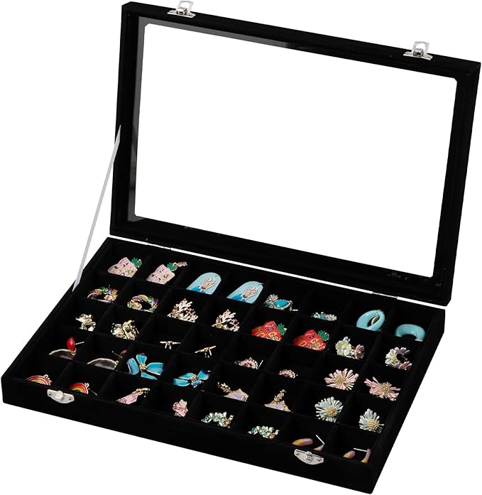 Frebeauty 40 Grid Jewelry Tray,Adjustable Earring Holder Organizer with Glass Lid,Velvet Drawer Jewelry Organizer for Rings,Studs,13.8 x 9.5 x 2 Inches Jewelry Display Box,Gift for Women(Black) by Frebeauty