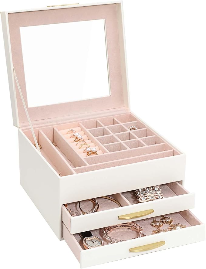 Jewelry Storage Box with Glasses Lid, 3-Tiers Jewelry Organizer Box for Women Girls, Jewelry Case for Rings, Bracelets Earrings, Necklaces (White) - Image 9