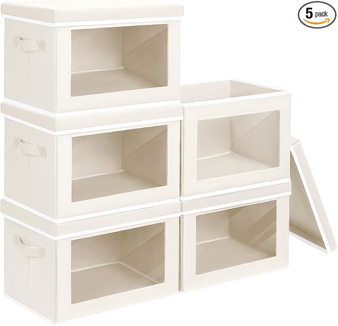 Homsorout Storage Bins with Lids - Large Decorative Basket with Lids, Fabric Foldable Closet Organizer Bins, Stackable Shelf Organizer for Living Room, Dorm, 5 Pack, Beige by Homsorout