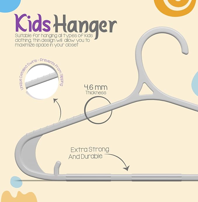 Utopia Home Kids Hangers 60 Pack - 11 Inch Plastic Baby Hangers for Closet - Childrens Hanger for Clothes & Infant Hanger for Closet - Non-Slip Shoulder Grooves, Strap Hooks & Pants Bar (Grey) - Image 4