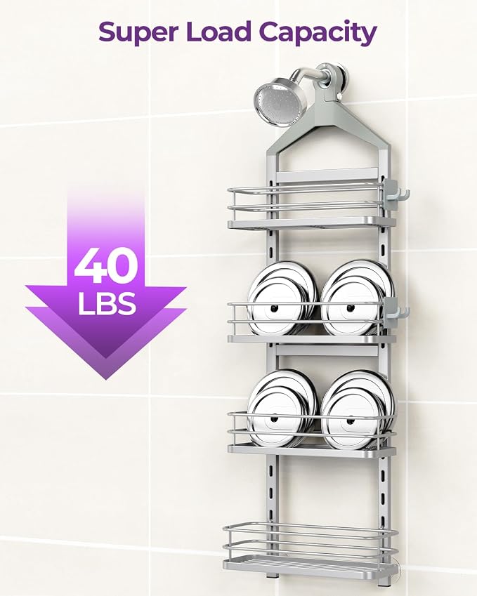 ODesign 4 Tier Height-Adjustable Shower Caddy Hanging Anti-Swing-Over The Shower Head Caddy- Storage Organizer Bathroom Shelves Basket Caddies-Silver - Image 7