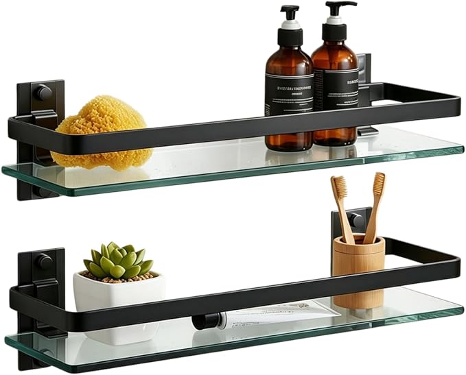 AIJALY 2 Pack Bathroom Glass Shelf, 15.7 Inches Black Bathroom Shower Glass Shelf Wall-Mounted, Metal Storage Floating Kitchen Shelf by AIJALY