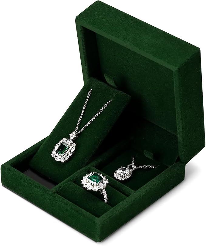 3 in 1 Velvet Jewelry Set Gift Box Earring Gift Box Ring Necklace Boxes Small Jewelry Storage Boxes for Travel Birthday Mother's Day Valentine's Day Gifts (Dark Green) - Image 5
