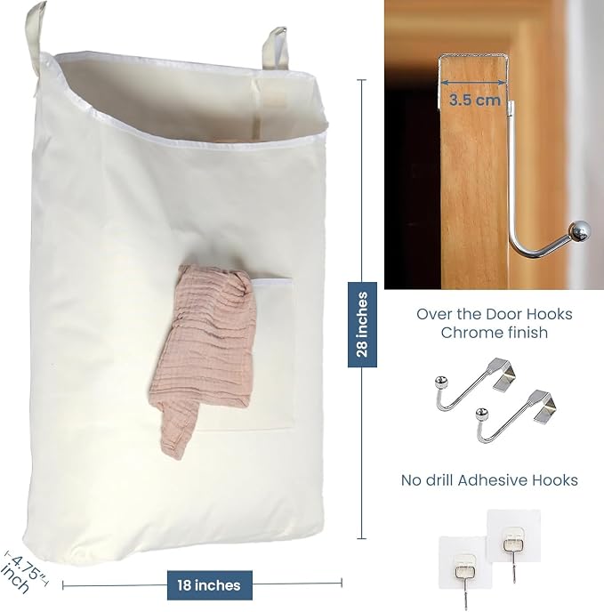 The Fine Living Co. Hanging Laundry Hamper with Over Door Hooks & Adhesive, Durable Space Saving Laundry Bag with Zipper and Wide Open Top, Hanging Dorm Laundry Hamper 18"x4.75"x28" (Beige-L) - Image 2
