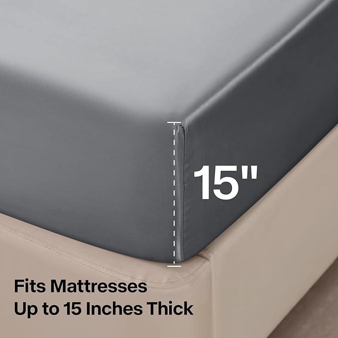 BEDELITE King Size Sheets Set, Luxury Soft Dark Grey Satin Sheets for Hair and Skin, Similar to Silk Bed Sheets Set 4 Pieces with 1 Deep Pocket Fitted Sheet, 1 Flat Sheet, and 2 Pillowcases