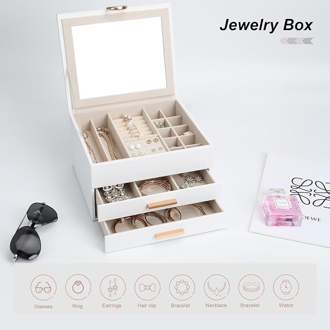 Jewelry Storage Box for 150+ Items - Features a Mirror, Smooth Gliding Drawers, and Non-Slip Earring Pads for Maximum Organization White - Image 6