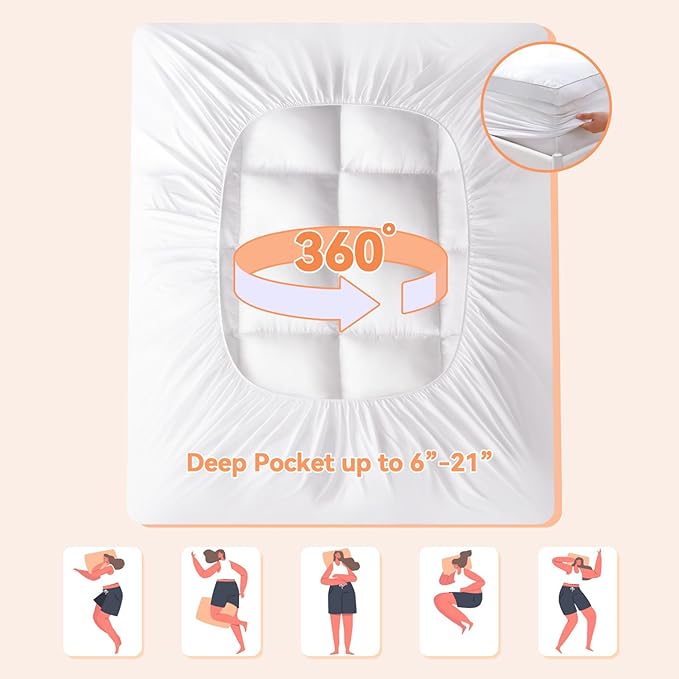 Topllen Cal King Mattress Topper for Back Pain Relief, Extra Thick Pillow Top Plush Mattress Pad with Deep Pocket, Soft Pillowtop California King Size Bed Toppers Filled Fluffy, White