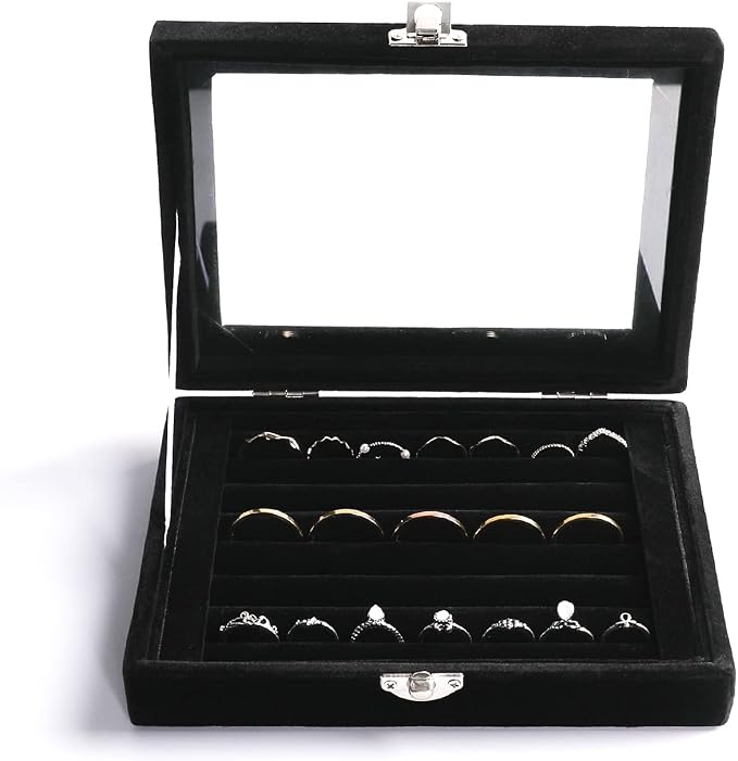 Frebeauty Rings/Earring Organizer Tray with Clear Lid,7 Slots Ring Box Velvet Ring Holder Drawer Insert Jewelry Storage Box Jewelry Display Case Jewelry Box Gift for Women and Girls(Black,7 Slots) - Image 2
