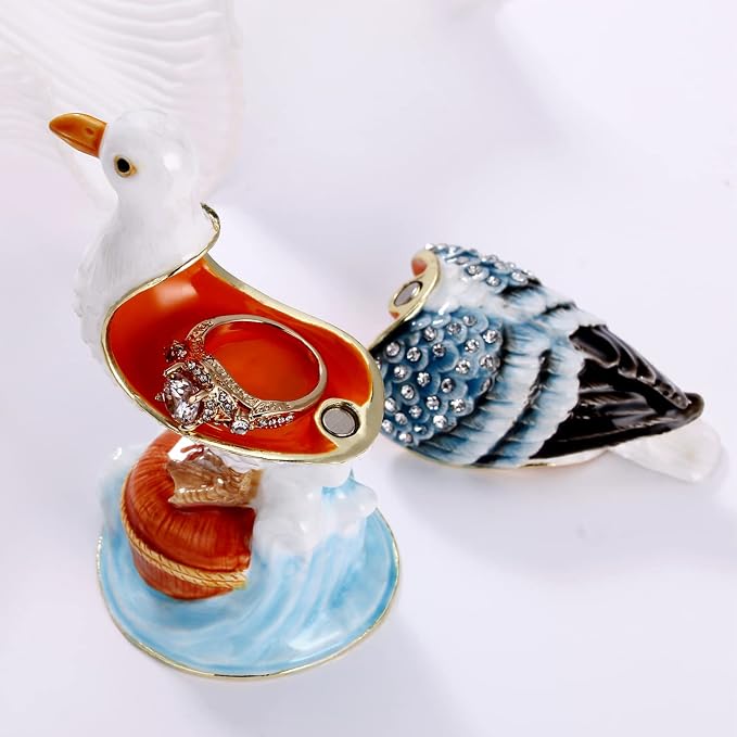 Hand Painted Enamel Seagull Trinket Box for Home Decor, Hinged Jewelry Organizer for Ring Earrings, Unique Figurine Keepsake Collectible Personalized Elegant Handmade Ornament Gifts (White Seagull) - Image 3