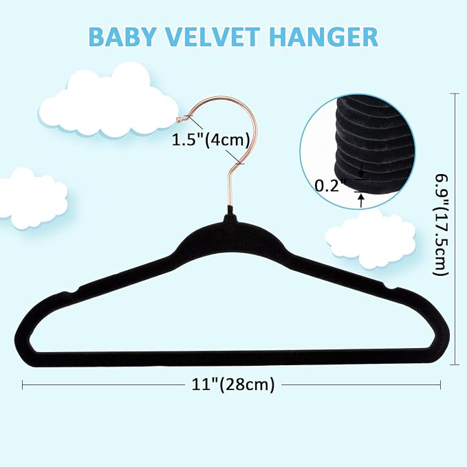 Tonswachic Velvet Baby Hangers 30 Pack - 11 Inch Premium Felt Non Slip Kids Hanger for Infant Toddler Clothes - 0.2" Ultra Thin Baby Clothes Hangers for Children's Closet with 10 Hanger Clips - Black - Image 2