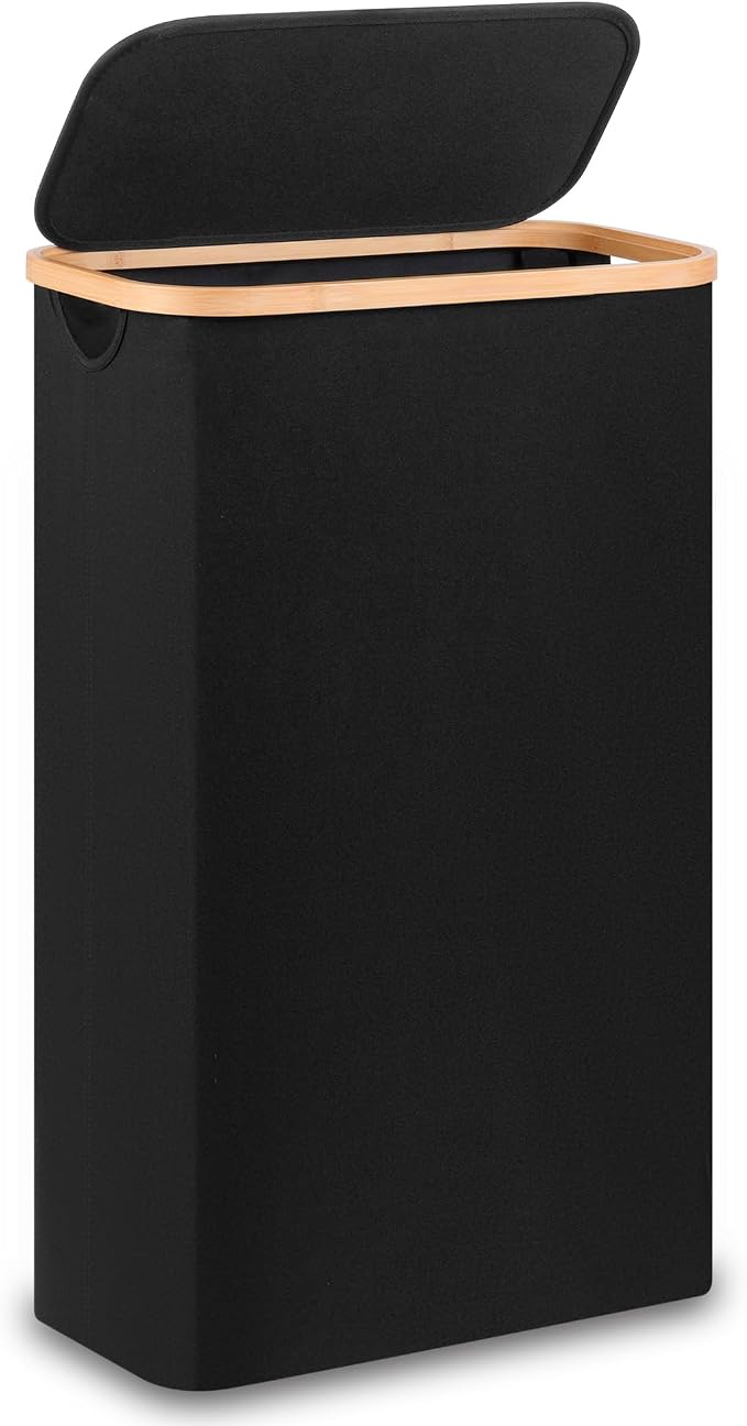 60L Slim Laundry Hamper,Laundry Basket with Lid,Tall Hamper for Laundry,Dirty Cloth Hamper with Bamboo Handle for Toys,Towels, Clothes Organizing,Black by Merkisa