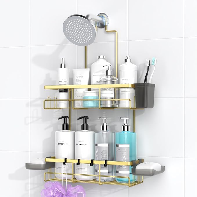 AKTECKE Shower Caddy Hanging Bathroom Organizer: Rustproof Shelf for Inside Shower - No Drilling Racks Over Showerhead - Bath Shelves for Shampoo Soap Gold by AKTECKE