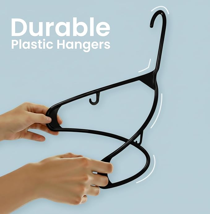 Utopia Home Plastic Hangers 100 Pack - Space Saving Clothes Hanger - Durable & Strong Closet Organizers and Storage with Built-in Strap Hooks - Essential for Shirts, Pants, Skirts & Coats (Black) - Image 6