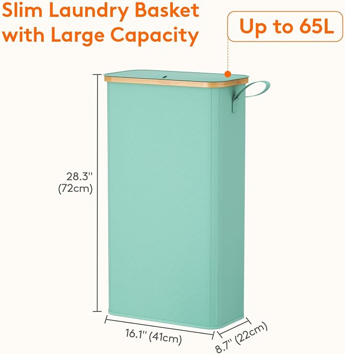 Lifewit 65L Slim Laundry Hamper with Lid, Narrow Laundry Basket with Removable Bag & Bamboo Handles, Fodable Thin Dirty Clothes Hamper for Laundry Collapsible Bin for Bathroom Bedroom Dorm, Sage Green - Image 3