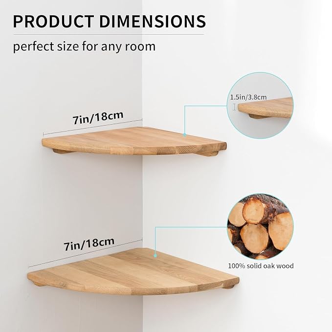 Corner Shelves, Floating Corner Shelf, Set of 2 7inch Solid Oak Wood Wall Shelves, Round End Wall Mount with Wire Hole Shelving for Small Plant for Bedroom Kitchen, Living Room - Image 6
