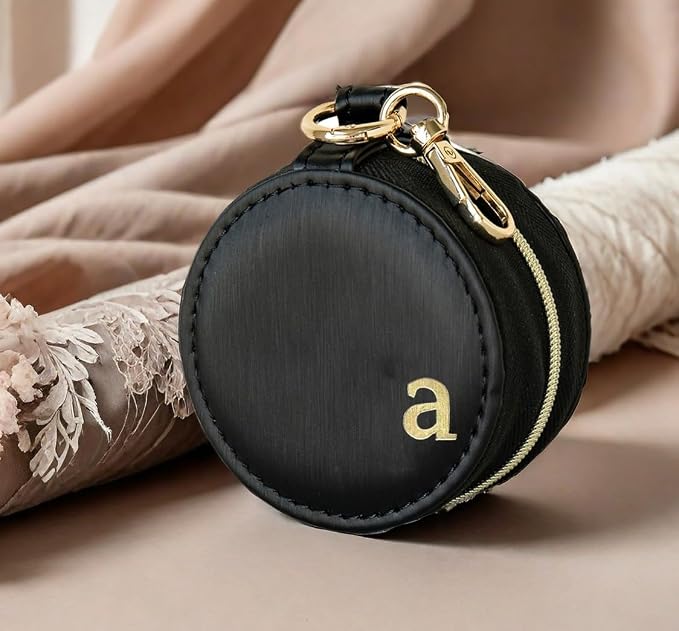 COLLECTIVE HOME - Monogrammed Letter Jewelry Case, Portable Travel Ring Holder Box with Keychain, Personalized Initial Organizer for Earrings Necklaces, Gift for Her (Black-a) - Image 2