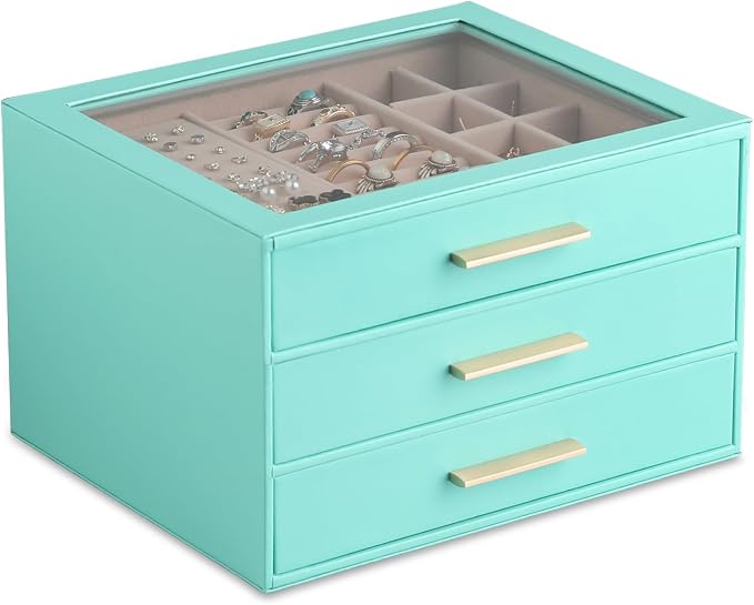 Frebeauty Clear Lid Jewelry Box,3-Layer Jewelry Organizer with Drawer,PU Leather Jewelry Organizers and Storage,Jewelry Boxes for Women,Jewelry Storage for Rings Earring Stud,Gift for Women(Turquoise) by Frebeauty