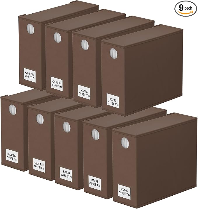 SpaceAid 9 Pack Bed Sheet Organizers and Storage, Foldable Sheet Organizer with Window for Linen Closet, Set Folder Keeper for Queen & King Size Bedding Storage (Brown) by SpaceAid