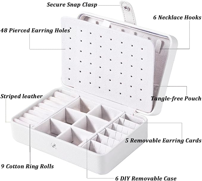 QBestry All-in-One Travel Jewelry Organizer for Women White | Small Jewelry Box with 68 Earring Holes | Compact Portable Jewelry Case for Earrings, Rings, Necklaces | Perfect Gifts for Mom Wife Girls - Image 6