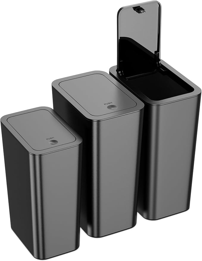 N. NETDOT 3 Pack (2 of 4 Gal & 1 of 2.6 Gal) Small Trash Can with Lid,Bathroom Garbage Can with Pop-Up Lid,Waste Basket for Bathroom,Kitchen,Bedroom,Powder Room,Craft Room,Office,College (Black) by NNETDOT