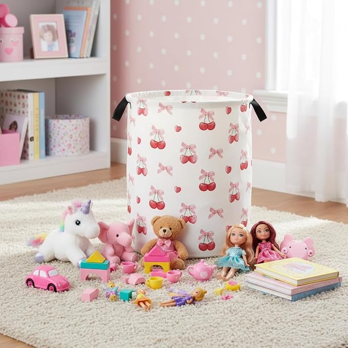 Baby Laundry Basket Baby Nursery Hamper Kids Laundry Basket Toy Storage Bin for Boys Room Decor Gift Baskets for Bedroom Bathroom(Cherry) - Image 5