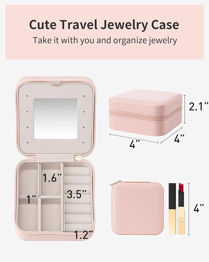 VLANDO Valentines Day Gifts - Small Travel Jewelry Box Organizer -Jewelry Display Case for Girls Women Bridesmaid Gift Rings Earrings Necklaces Storage with Mirror Pink - Image 4