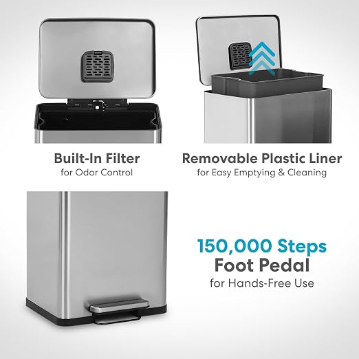 SIMPLI-MAGIC 50 Liter / 13.2 Gallon Soft-Close, Smudge Resistant Trash Can with Foot Pedal and Built in Filter- Stainless Steel, Sleek Finish - Image 5