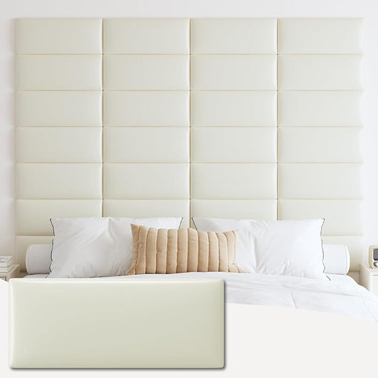 IFNOW Wall Mounted Upholstered Headboard Full, 3D Peel and Stick Soundproof Wall Panels, Reusable and Removable Padded Headboard Leather Bed, 6 Panels 9.84" x 23.62", Beige
