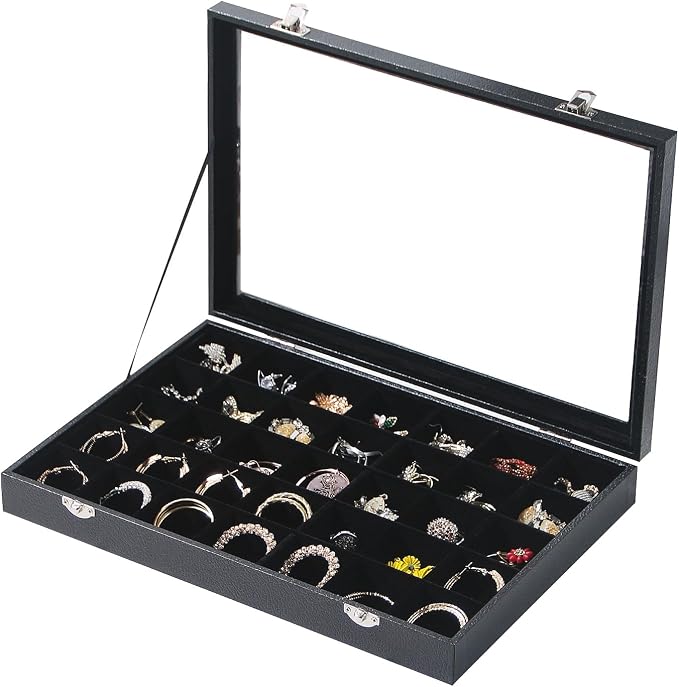 Coward Ring Earring Jewelry Organizer Box, 35 Grids Dustproof Display Holder Case, Black Velvet Jewelry Bead Display Tray Case with Transparent Glass Lid for Momen Girls by FocusOnJewelryDisplay15yrs