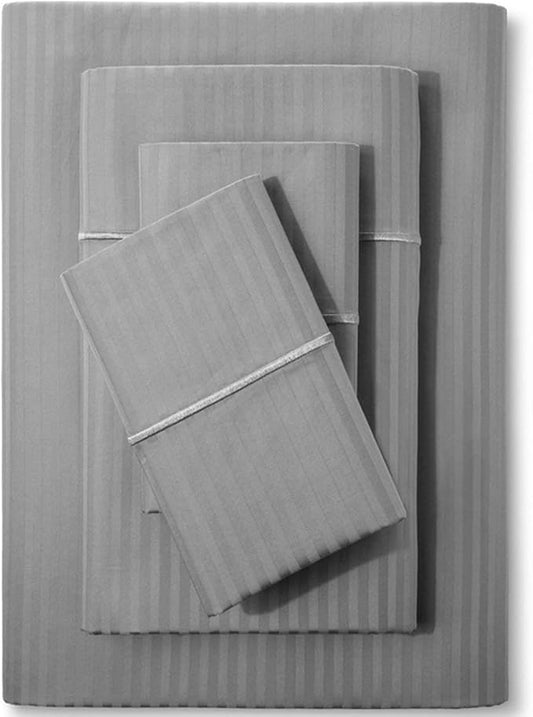 Feather & Stitch 500 TC California King Size Sheet Set, 100% Cotton Soft Breathable Bedsheets, 4 Piece 18" Deep Pockets Sateen Weave Striped Bedding Mattress Resort Hotel Luxury- (Grey Stripe)